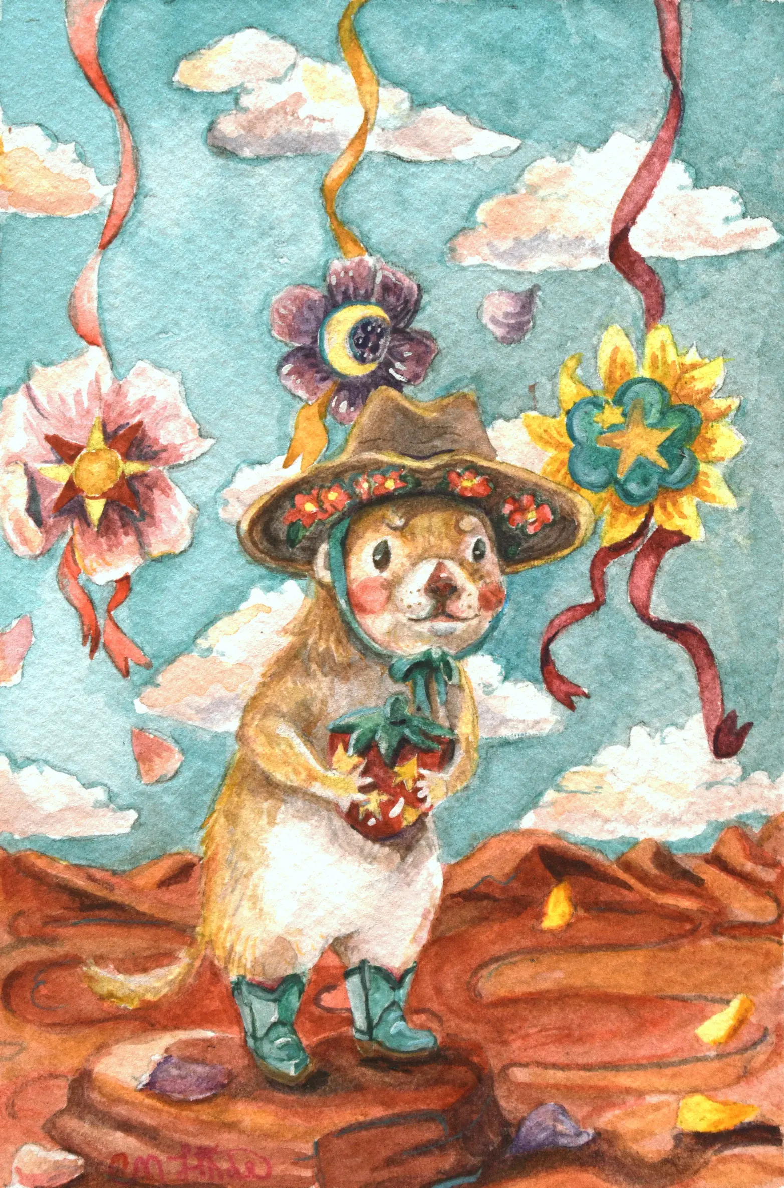 A painting of a Round-Tailed Ground Squirrel wearing a cowboy hat and holding a strawberry in front of a desert background and floral pendants dangling behind him.