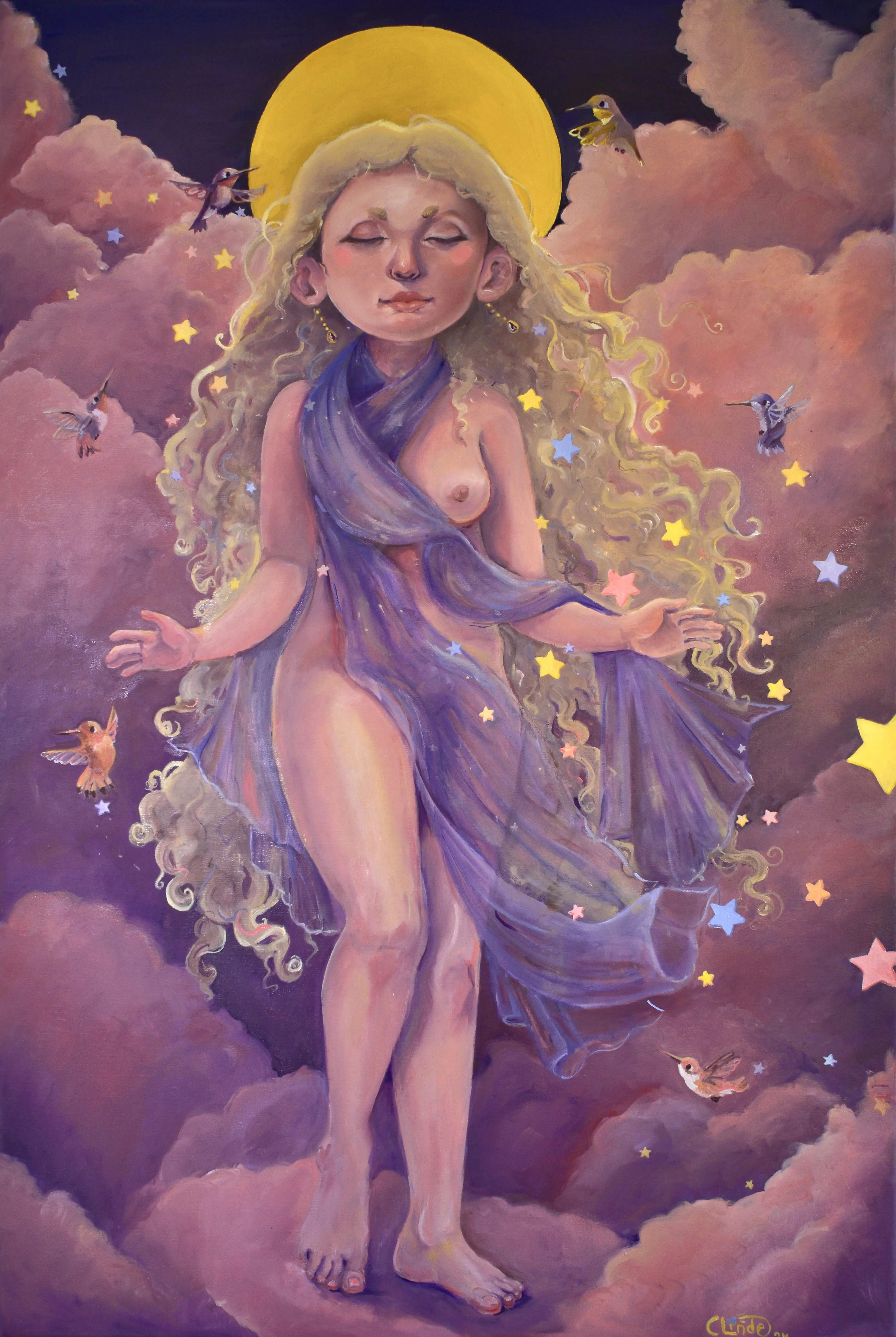 Mystical, draped female figure surrounded by hummingbirds on a pink cloud background