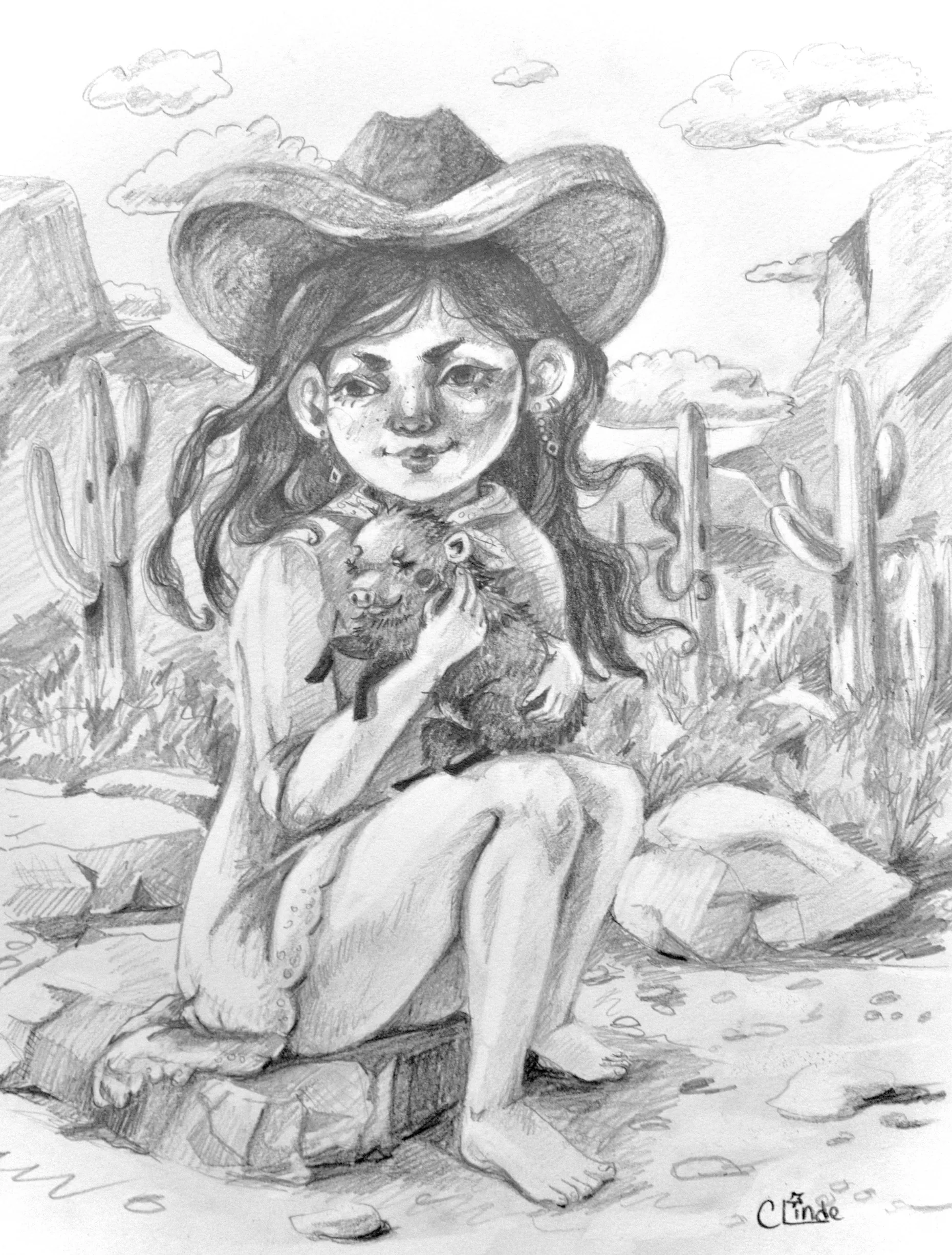 A barefoot girl wearing a cowboy hat sits on a rock and holds a tiny javelina in her lap. There is a desert scene behind her.