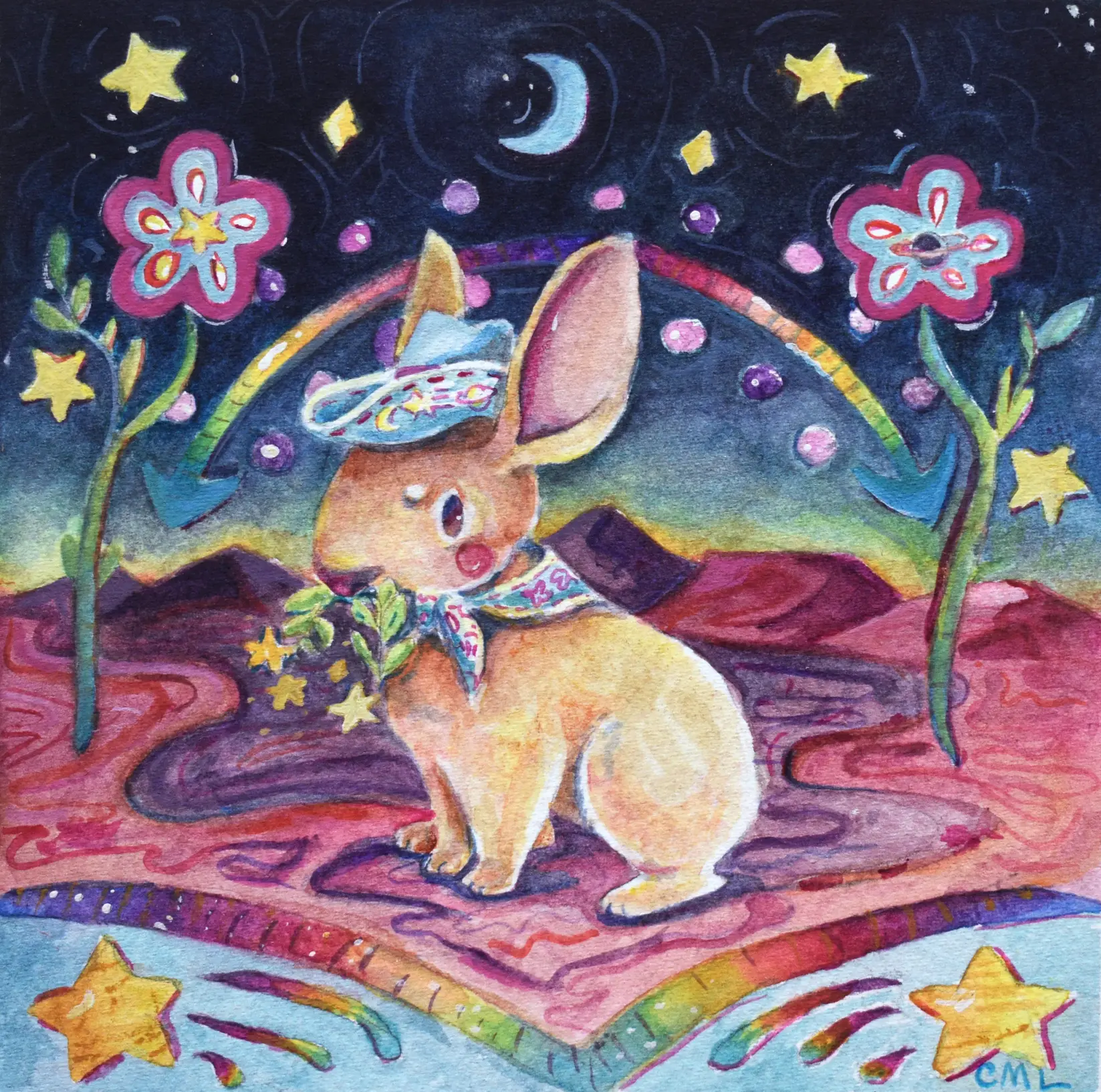 Painting of a Desert Cottontail Rabbit in a nighttime desert scene with bright neon colors.