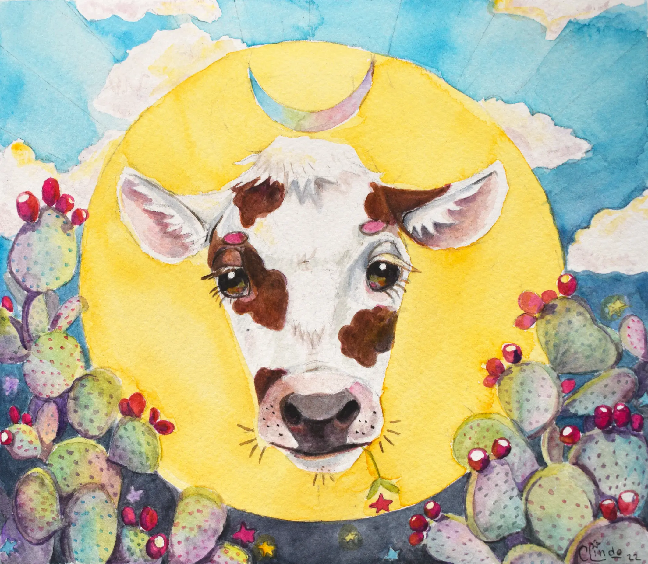 Cow’s face centered over a full moon at dawn surrounded by prickly pear.