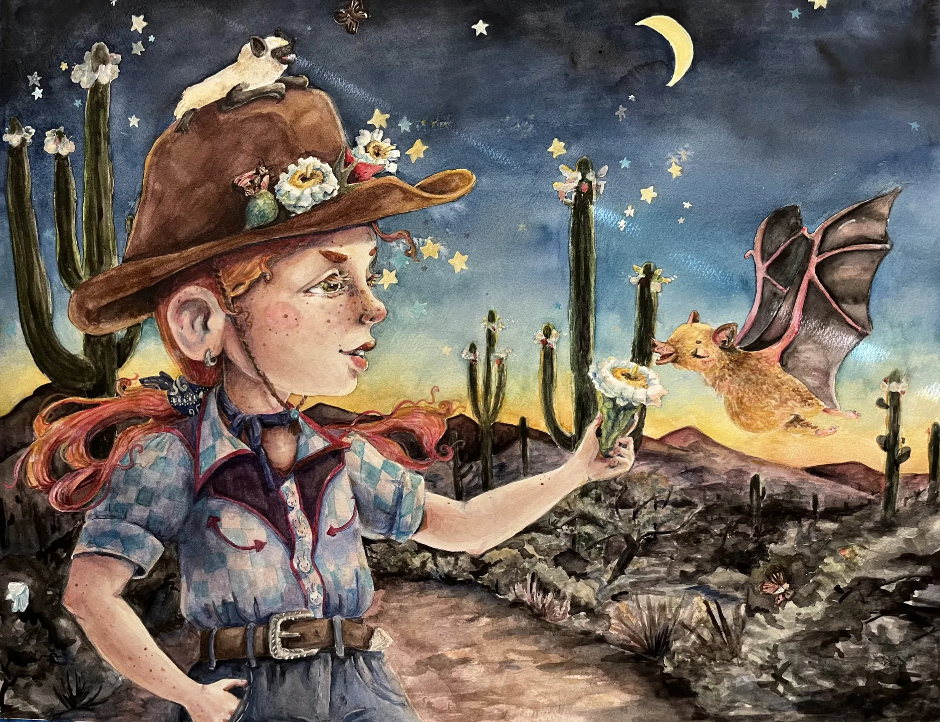 Watercolor painting featuring a cowgirl holding out a Saguaro blossom to a bat with a nighttime desert background.